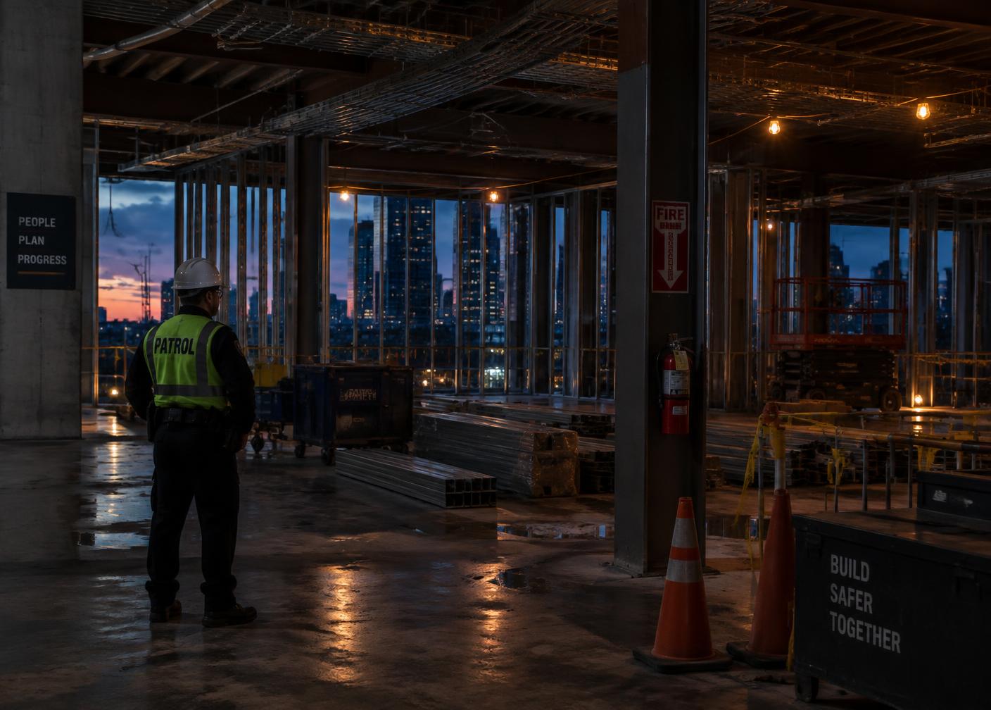 Patrol officer observing an unfinished commercial construction floor at dusk