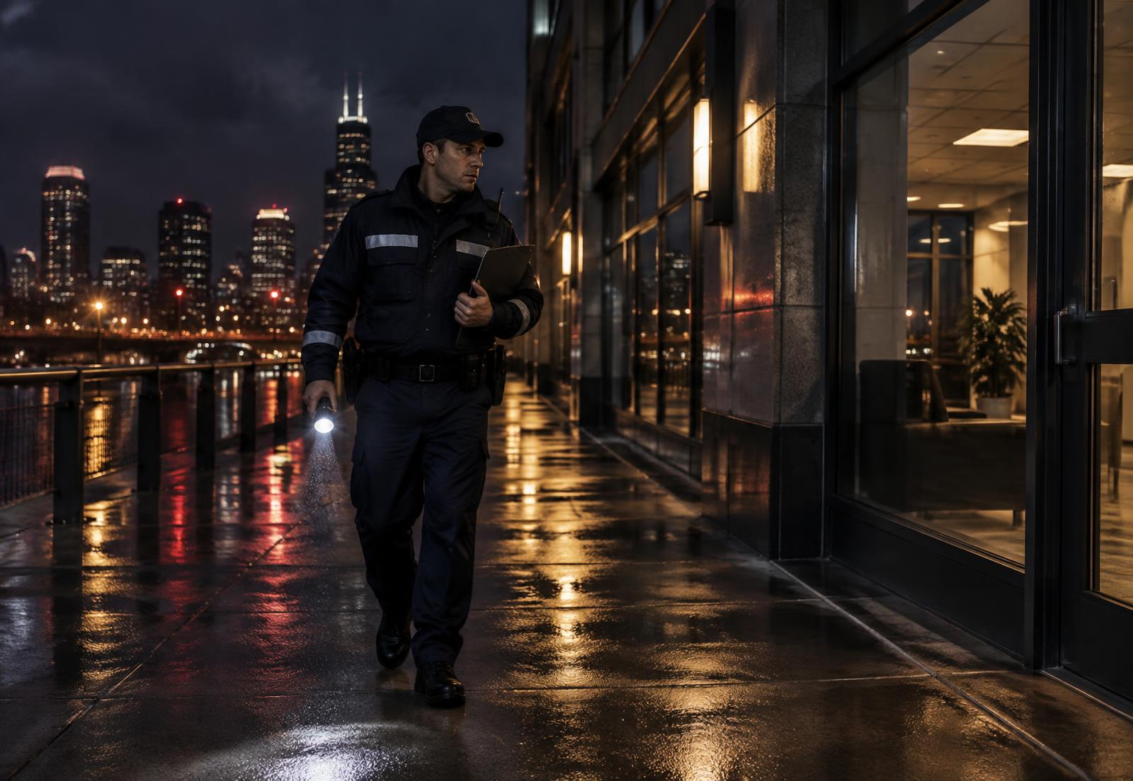 Uniformed 513 Firewatch patrol officer documenting a round outside a commercial building in Cincinnati at night