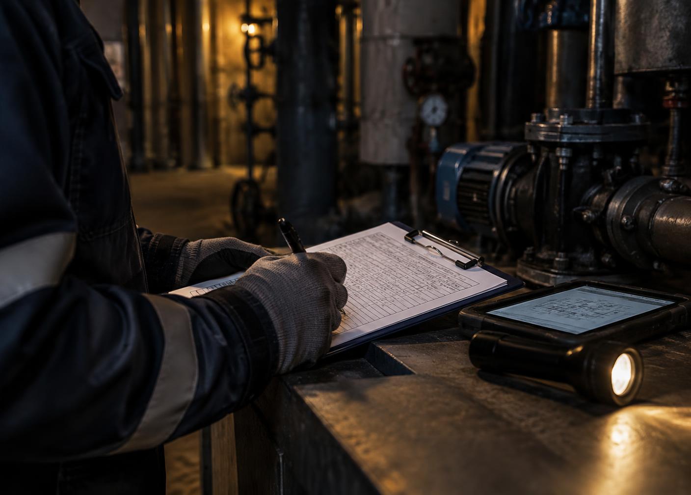 Fire watch patrol log being completed by hand in a building mechanical room